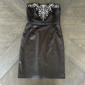 White House Black Market Y2K Mini Black Dress with White Embroidery and Bling